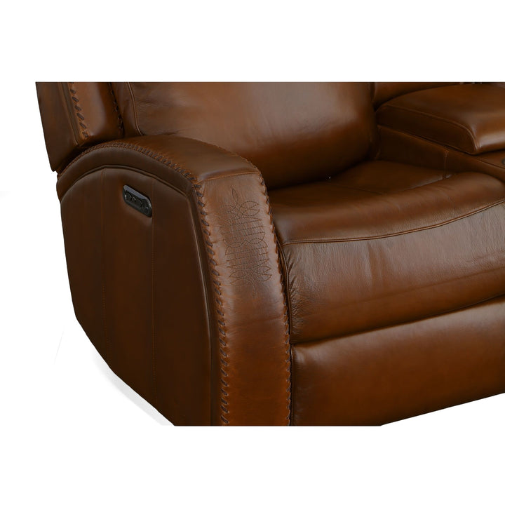 Mustang Leather Power Loveseat with Console with Power Headrest in Rust