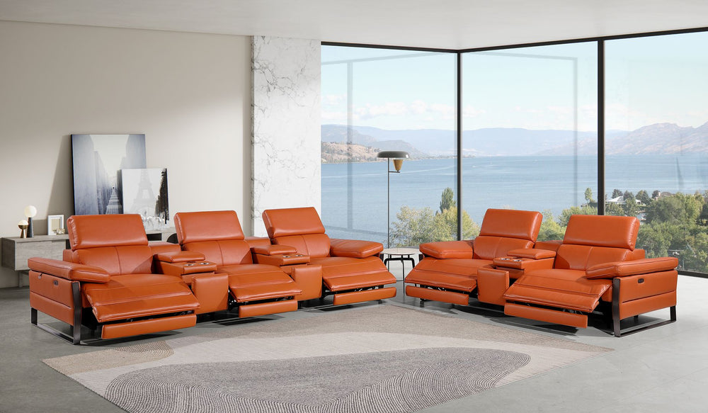 DivanItalia 1246 Modular Power Reclining Dual Console Sofa and Console Loveseat Set with Power Headrests – Top Grain Italian Leather - Camel