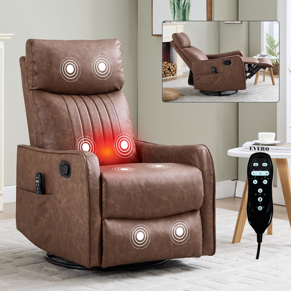 Brown Heat Massage Manual Recliner Chair with Rocker and Swivel in Faux Leather for Living Room