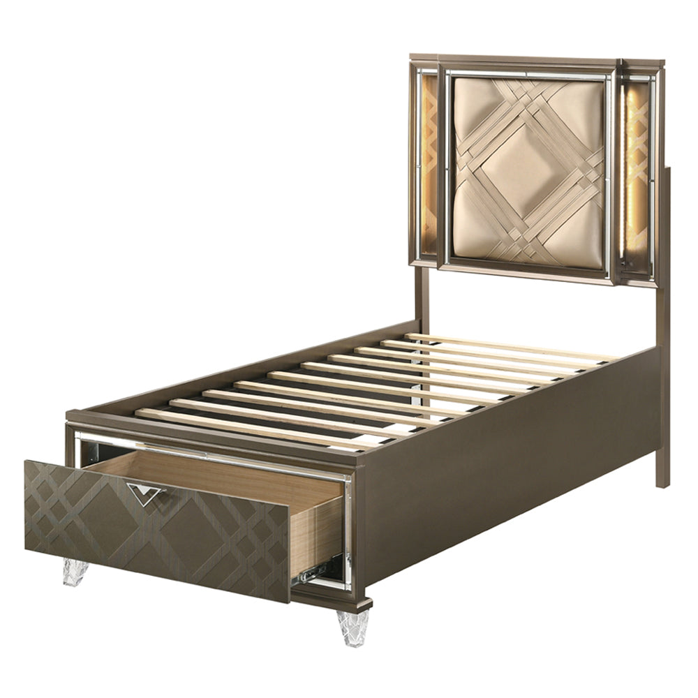 Skylar Full Bed with Led & Storage in LED, Leatherette & Dark Champagne