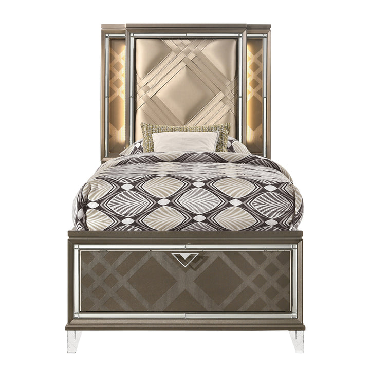 Skylar Full Bed with Led &amp; Storage in LED, Leatherette &amp; Dark Champagne
