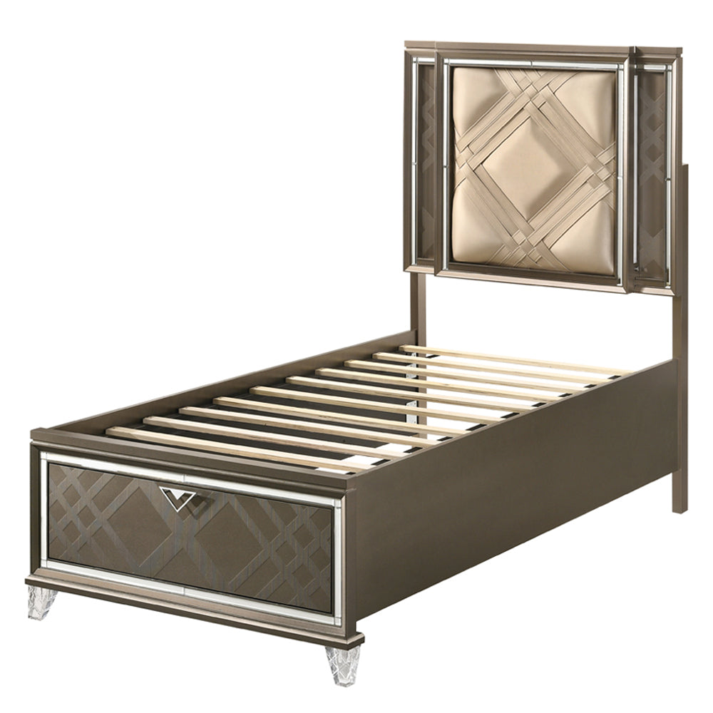 Skylar Full Bed with Led & Storage in LED, Leatherette & Dark Champagne