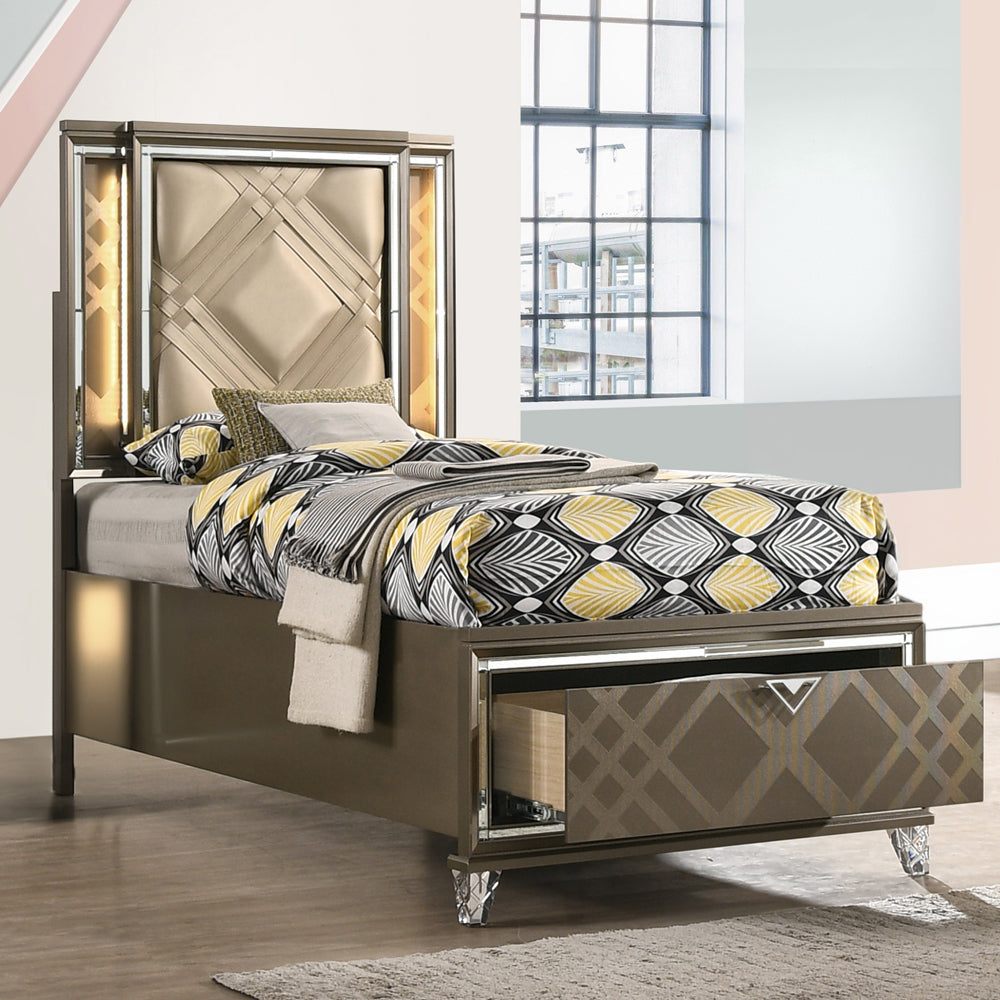 Skylar Full Bed with Led & Storage in LED, Leatherette & Dark Champagne