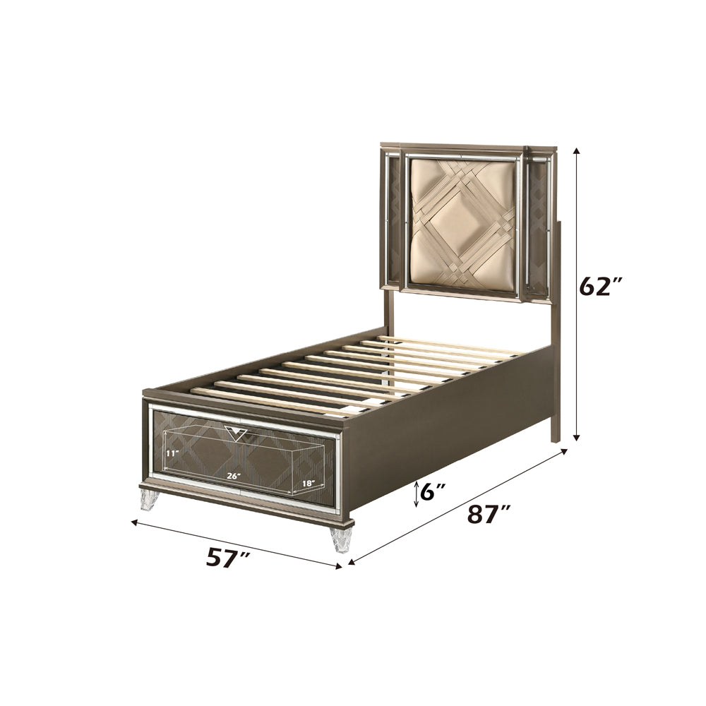 Skylar Full Bed with Led & Storage in LED, Leatherette & Dark Champagne - dimensions