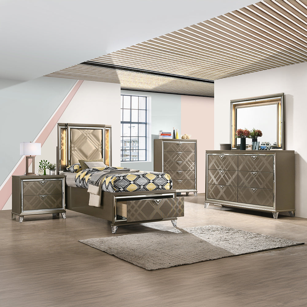 Skylar Full Bed with Led & Storage in LED, Leatherette & Dark Champagne - lifestyle