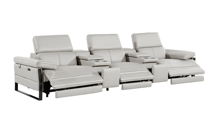 DivanItalia 1246 Modular Power Triple Reclining Dual Console Sofa with Power Reclining Headrests – Top Grain Italian Leather - Light Gray