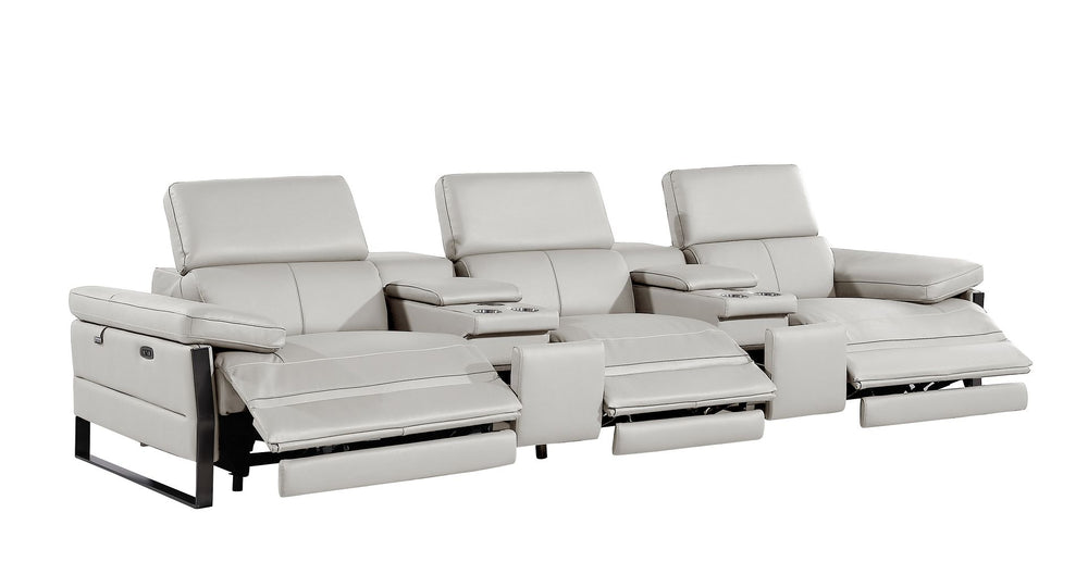 DivanItalia 1246 Modular Power Triple Reclining Dual Console Sofa with Power Reclining Headrests – Top Grain Italian Leather - Light Gray