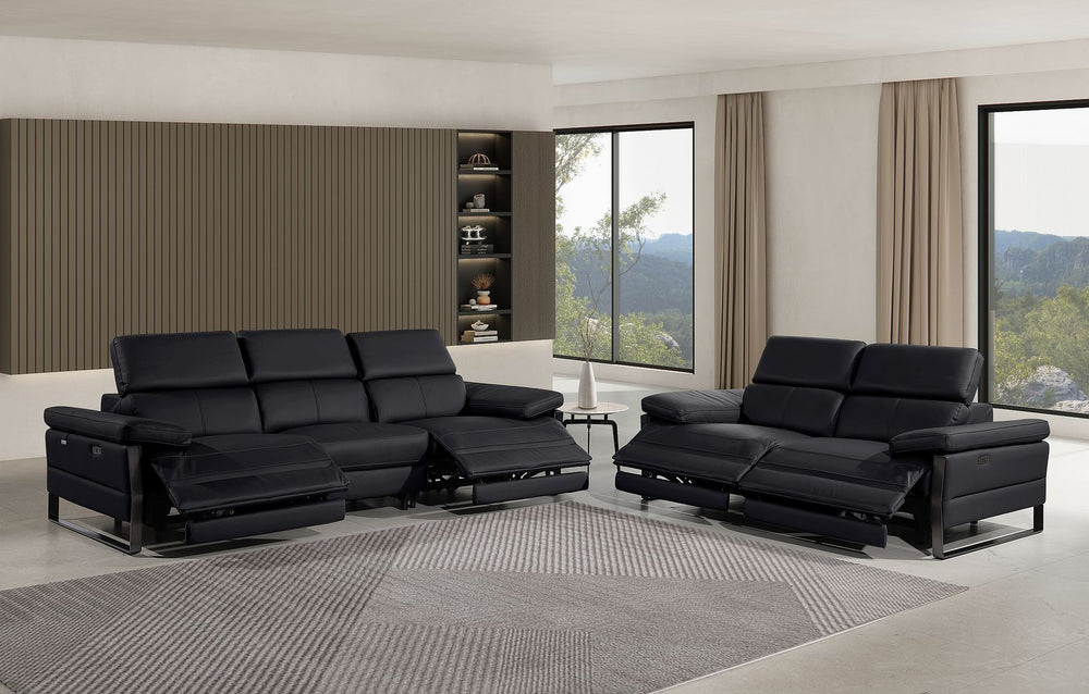 DivanItalia 1246 Modular Power Dual Reclining Sofa and Loveseat Set with Power Headrests – Top Grain Italian Leather - Black