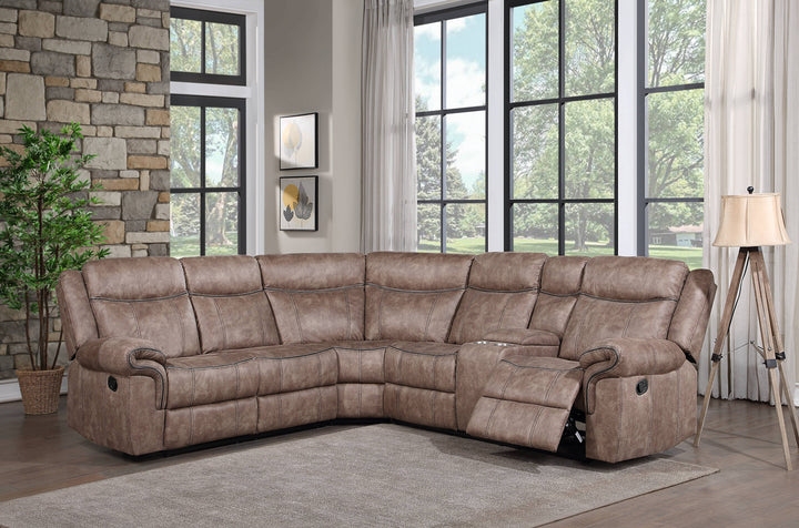 Dollum - Two Tone Nubuck Manual Recliner Sectional Sofa With USB Port Cupholder Console - Chocolate