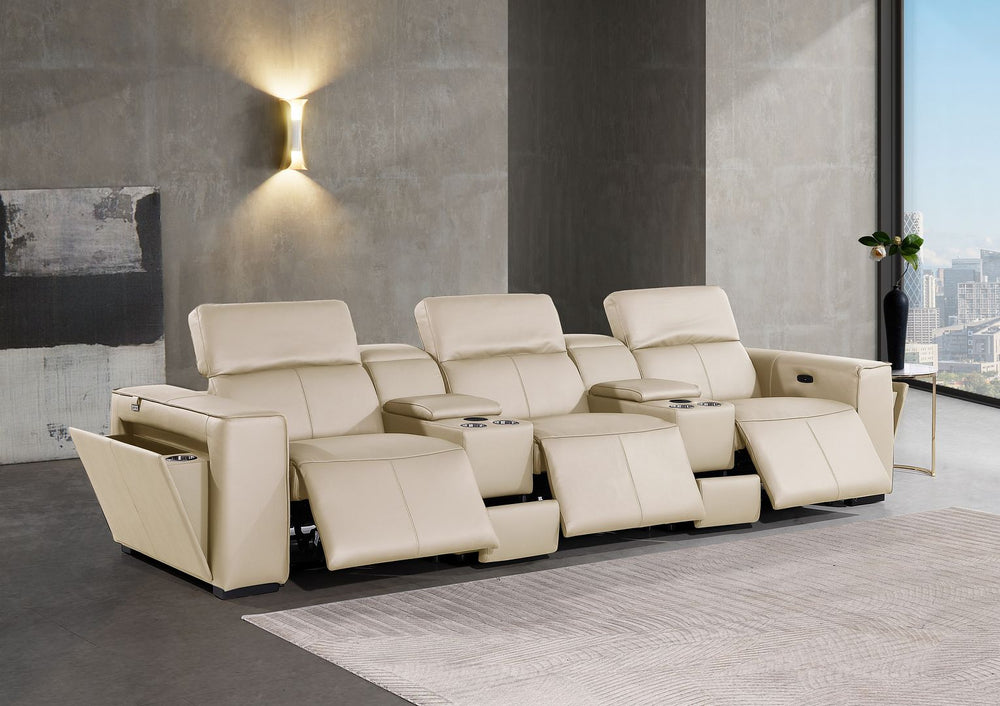 DivanItalia 1224 5-Piece Modular Power Reclining Sofa in Top Grain Italian Leather with 3 Power Recliners & Power Headrests - Beige