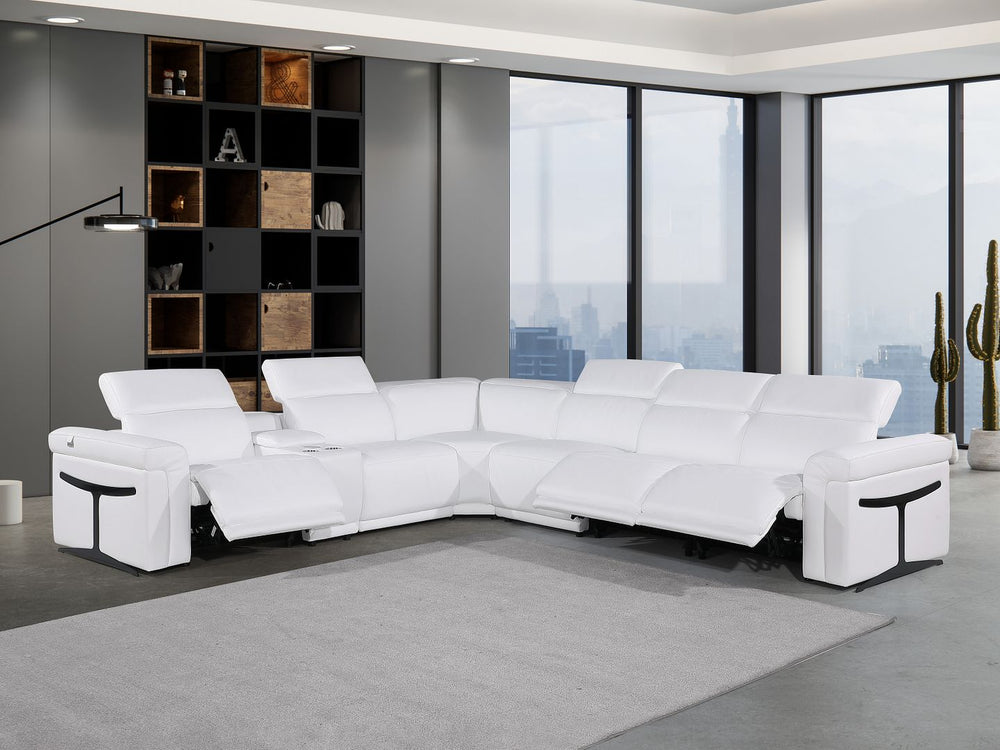 DivanItalia 1126 7-Piece L-Shaped Sectional Sofa in Top Grain Italian Leather with 3 Power Recliners & Power Headrests - White