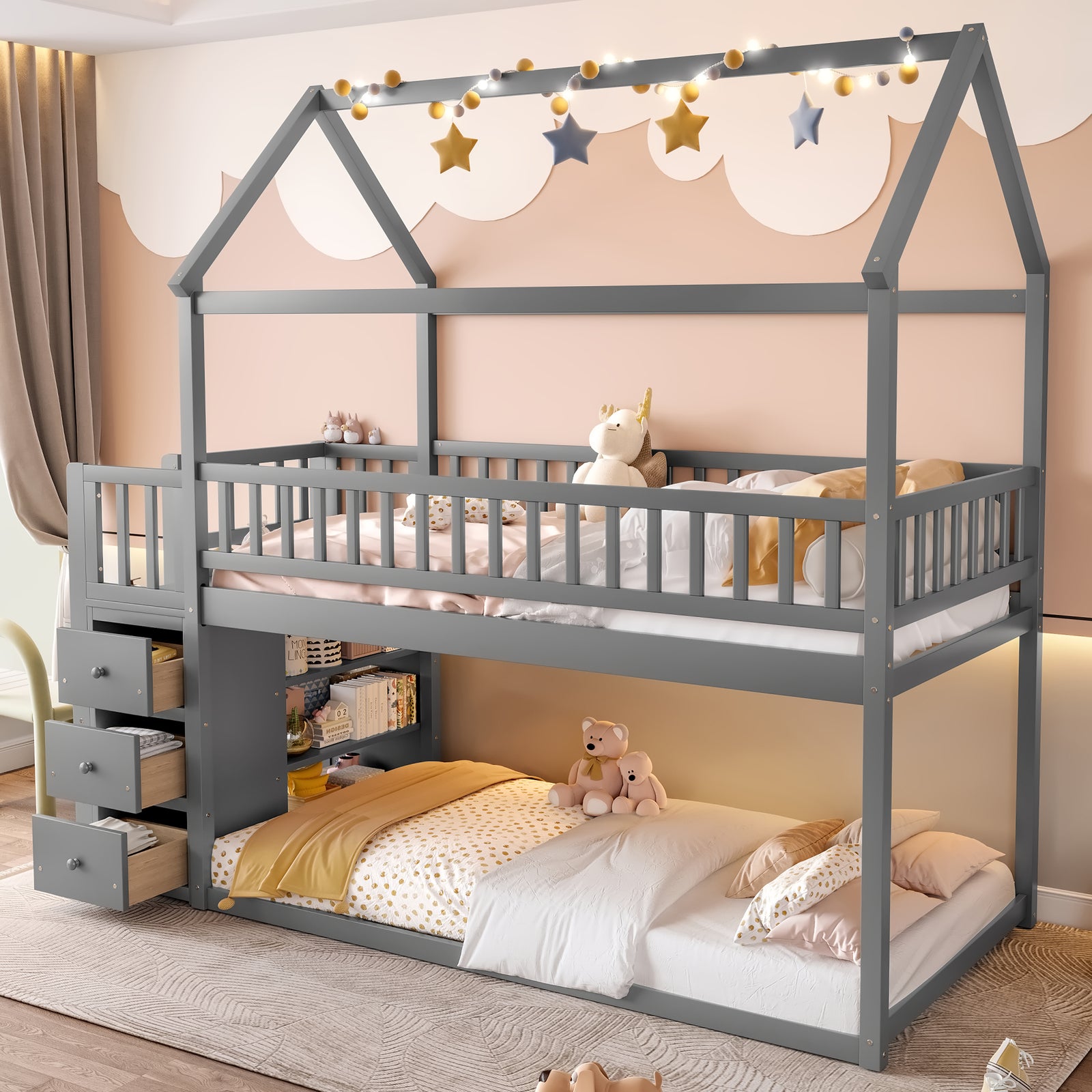 twin-twin-house-bunk-bed-with-shelves-and-drawers-grey-color