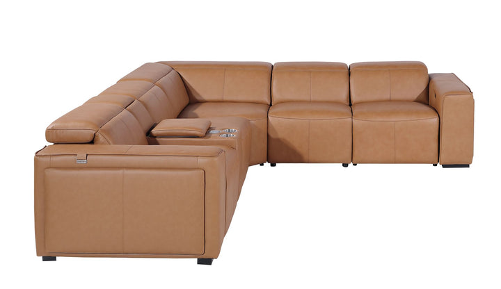 DivanItalia 1224 6-Piece L-Shaped Sectional Sofa in Top Grain Italian Leather with 3 Power Recliners &amp; Power Headrests - Cognac