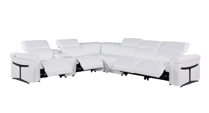 DivanItalia 1126 7-Piece L-Shaped Sectional Sofa in Top Grain Italian Leather with 4 Power Recliners &amp; Power Headrests - White