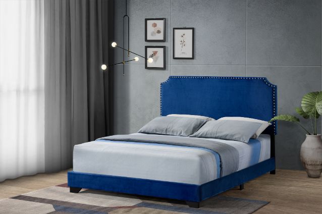 Haemon Queen Bed in Blue Velvet
