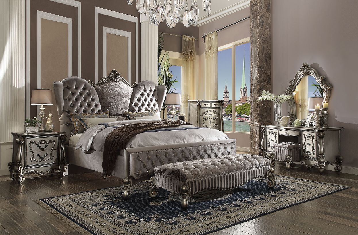 Versailles Queen Bed in Velvet & Antique Platinum