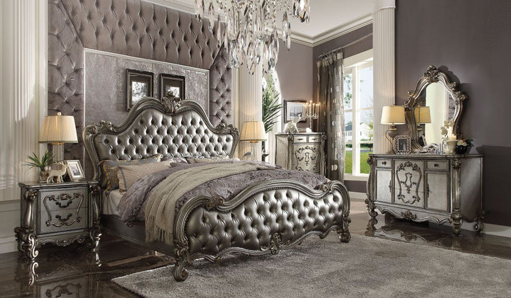 Versailles II Queen Bed in Silver Leatherette &amp; Antique Platinum