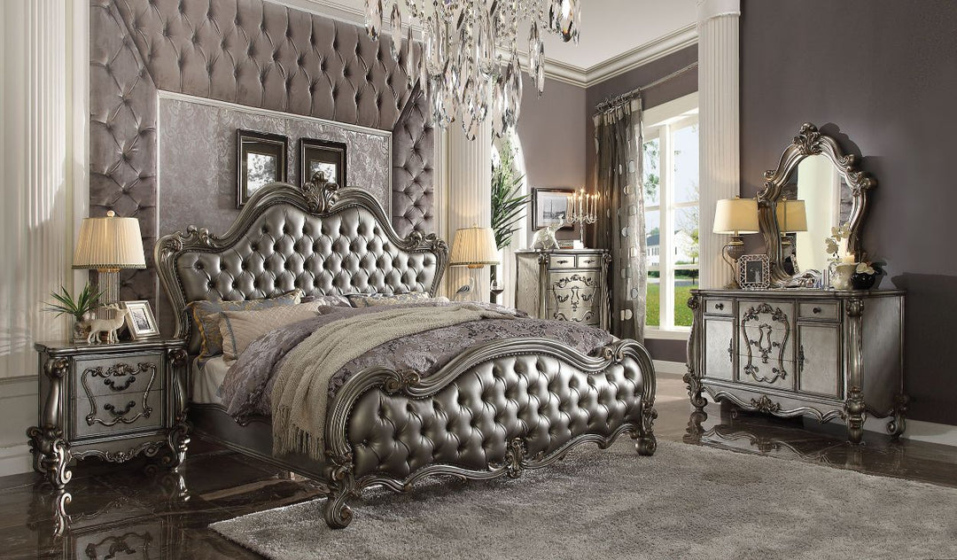 Versailles II Queen Bed in Silver Leatherette & Antique Platinum