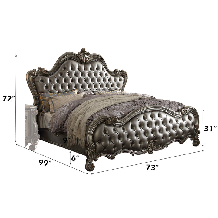 Versailles II Queen Bed in Silver Leatherette &amp; Antique Platinum - dimensions