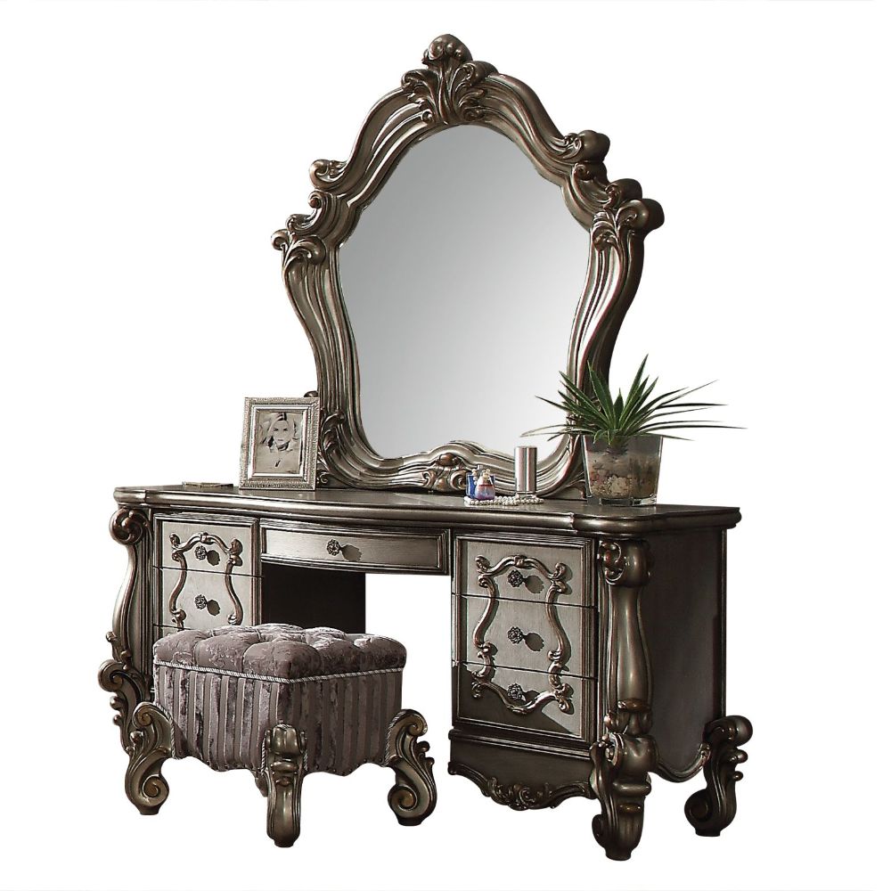 Versailles Vanity Stool in Fabric & Antique Platinum Finish