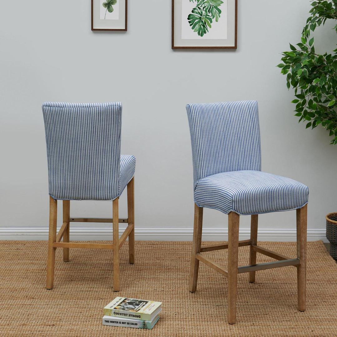 Milton Fabric Counter Stool Natural Wood Legs - Blue Stripes - view 3
