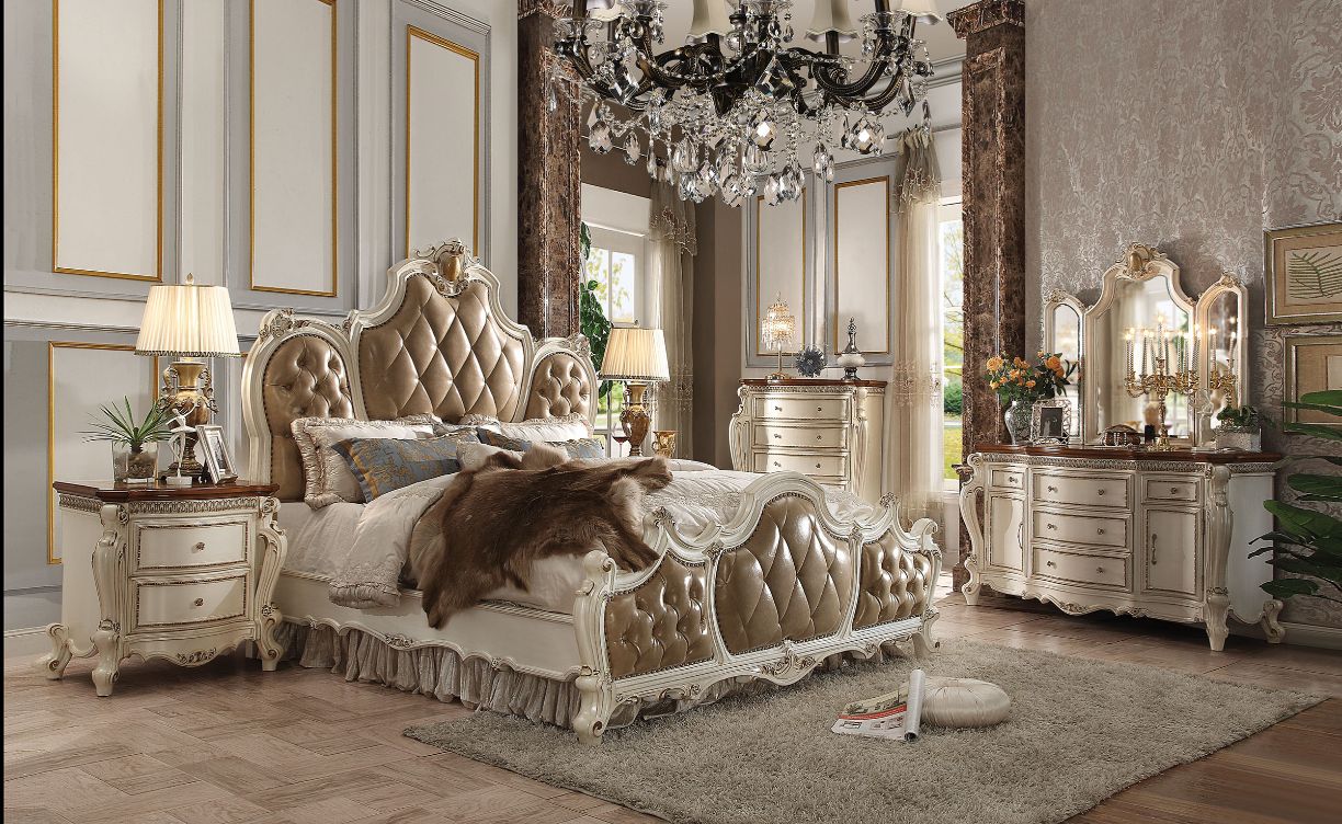 Picardy Queen Bed in Butterscotch Leatherette & Antique Pearl