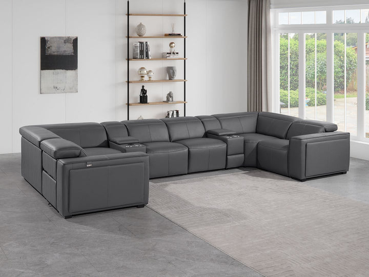 DivanItalia 1224 8-Piece U-Shaped Sectional Sofa in Top Grain Italian Leather with 4 Power Recliners &amp; Power Headrests – with Console - Dark Gray