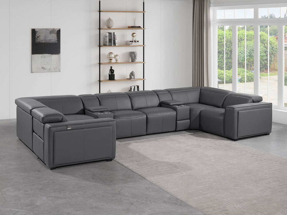 DivanItalia 1224 8-Piece U-Shaped Sectional Sofa in Top Grain Italian Leather with 4 Power Recliners & Power Headrests – with Console - Dark Gray