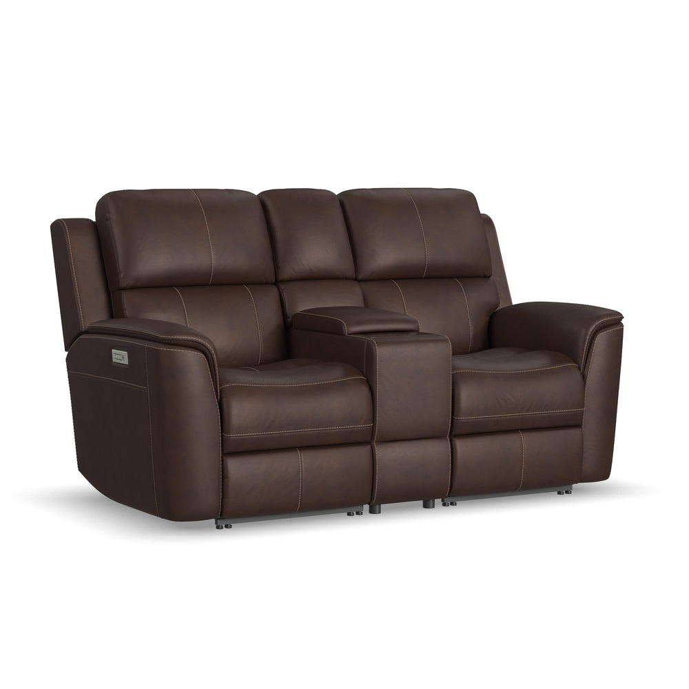 Flexsteel Henry Burnt Umber Leather Power Reclining Loveseat with Console, Power Headrests & Lumbar