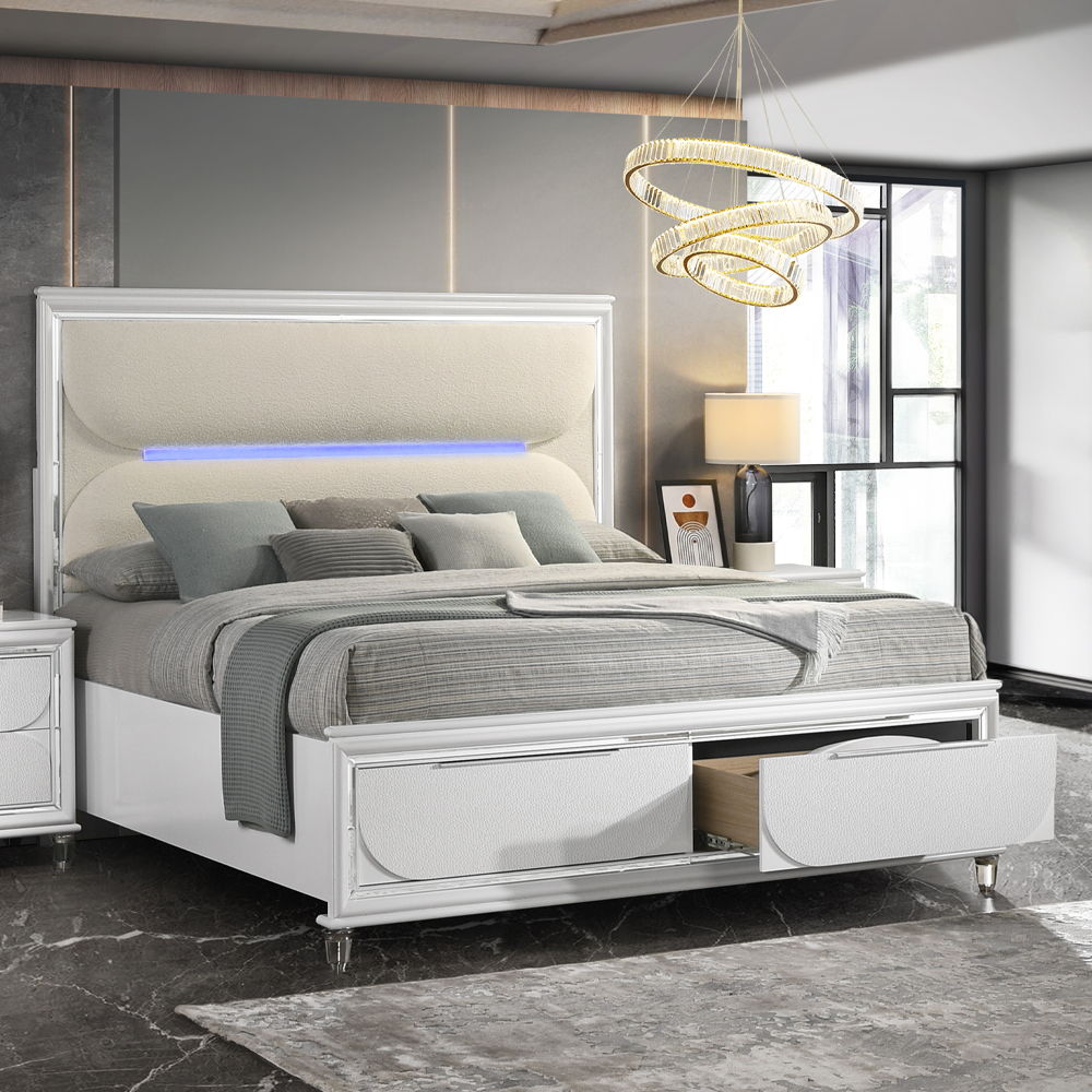 ACME Furniture Tarian Queen Bed With LED & Storage White Boucle & Pearl