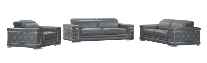 DivanItalia 692 3-Piece Sofa Set with Adjustable Headrest in Top-Grain Italian Leather - Dark Gray