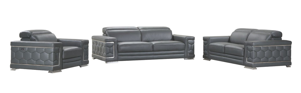 DivanItalia 692 3-Piece Sofa Set with Adjustable Headrest in Top-Grain Italian Leather - Dark Gray