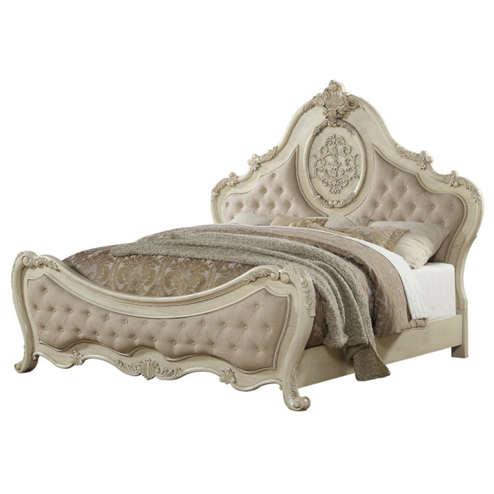 Ragenardus EK Bed in Beige Linen &amp; Antique White