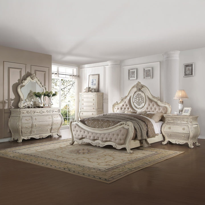 Ragenardus EK Bed in Beige Linen &amp; Antique White - lifestyle