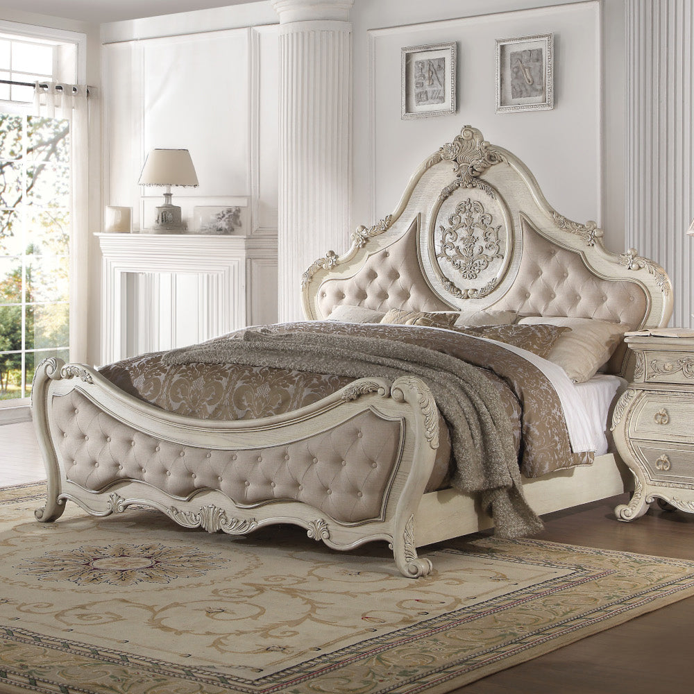 Ragenardus Queen Bed in Beige Linen & Antique White