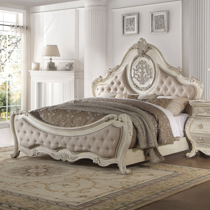 Ragenardus Queen Bed in Beige Linen &amp; Antique White