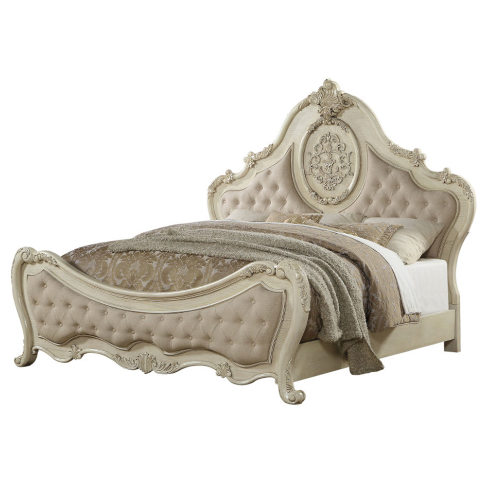 Ragenardus Queen Bed in Beige Linen & Antique White