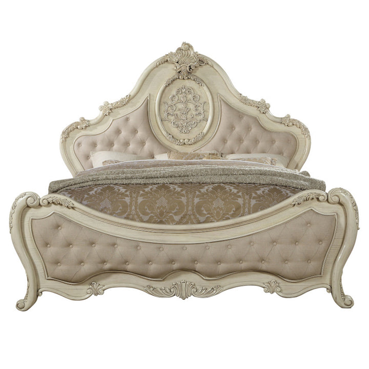 Ragenardus Queen Bed in Beige Linen &amp; Antique White