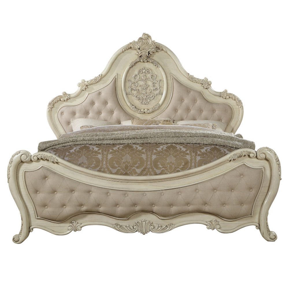 Ragenardus Queen Bed in Beige Linen & Antique White