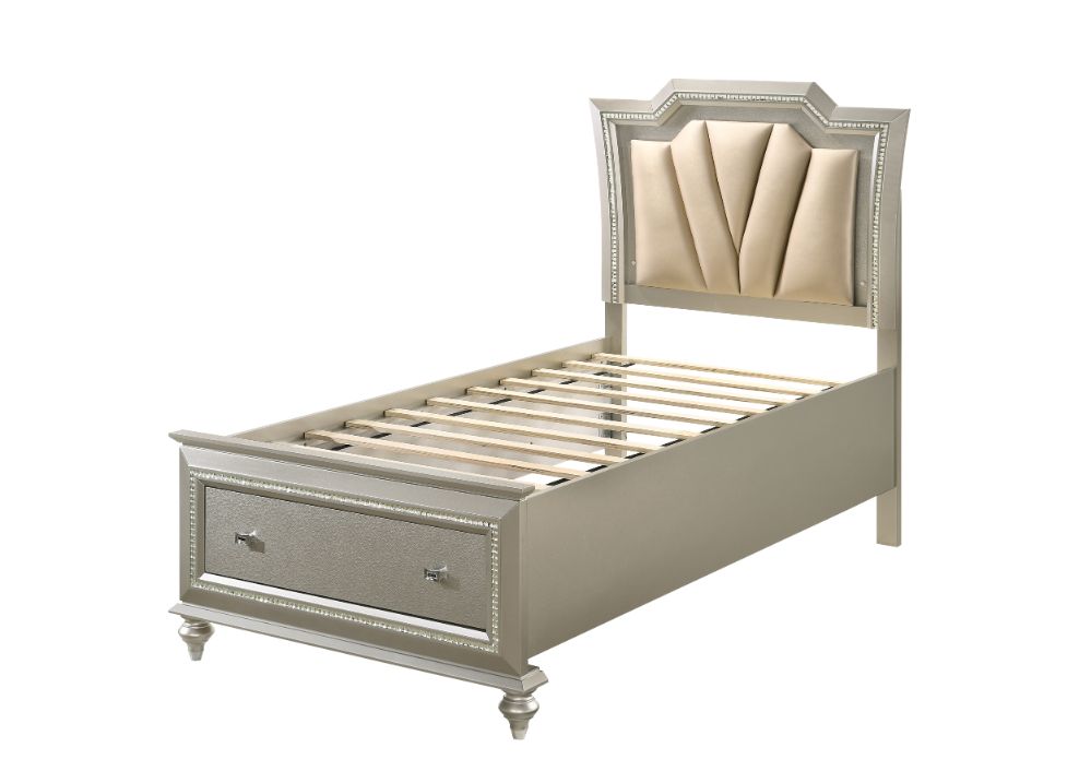 Kaitlyn Full Bed with Led & Storage in Leatherette & Champagne