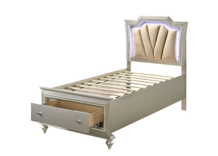 Kaitlyn Full Bed with Led &amp; Storage in Leatherette &amp; Champagne