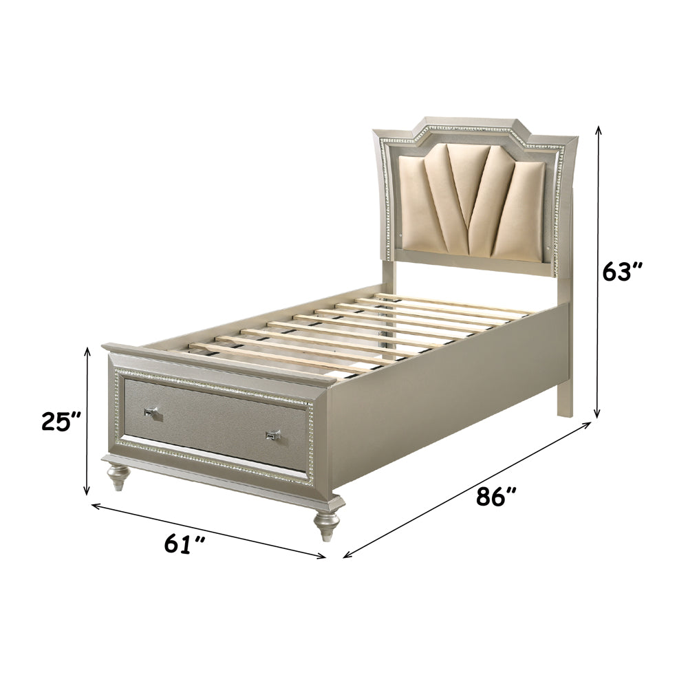 Kaitlyn Full Bed with Led & Storage in Leatherette & Champagne - dimensions