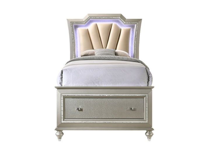 Kaitlyn Full Bed with Led &amp; Storage in Leatherette &amp; Champagne