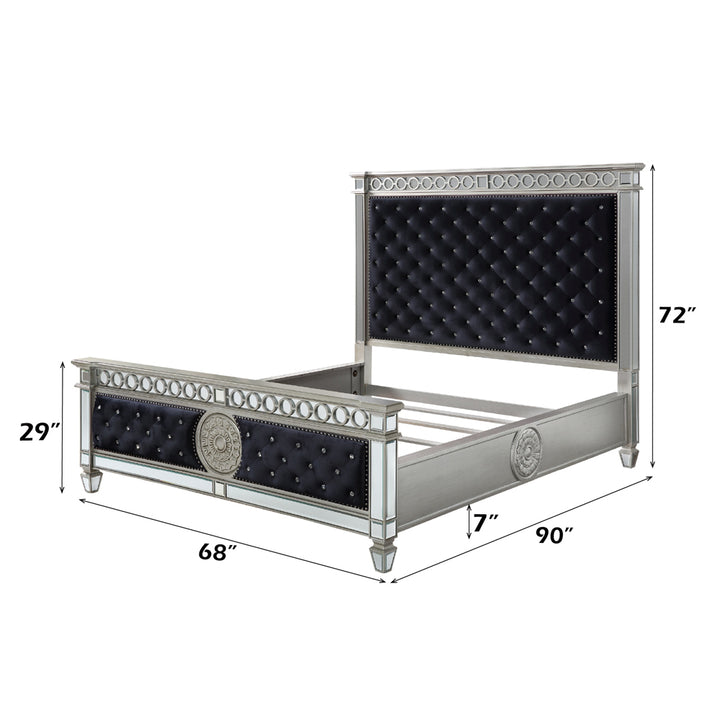 Varian Queen Bed in Dark Navy Velvet &amp; Mirrored - dimensions