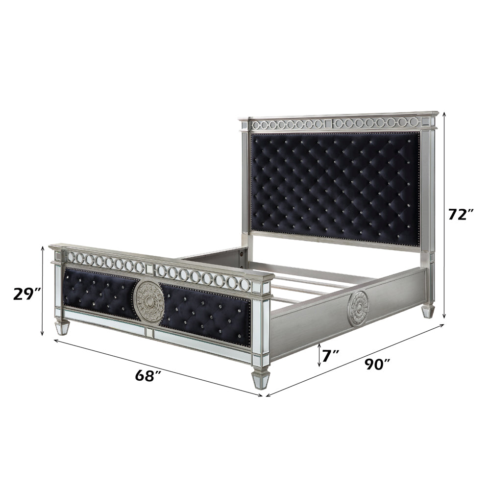 Varian Queen Bed in Dark Navy Velvet & Mirrored - dimensions