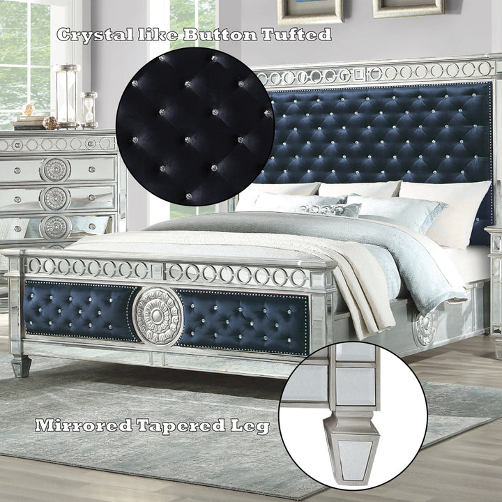 Varian Queen Bed in Dark Navy Velvet &amp; Mirrored - features