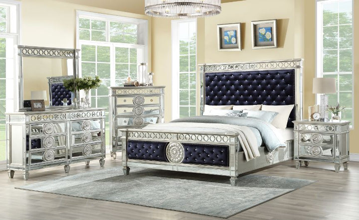 Varian Queen Bed in Dark Navy Velvet &amp; Mirrored