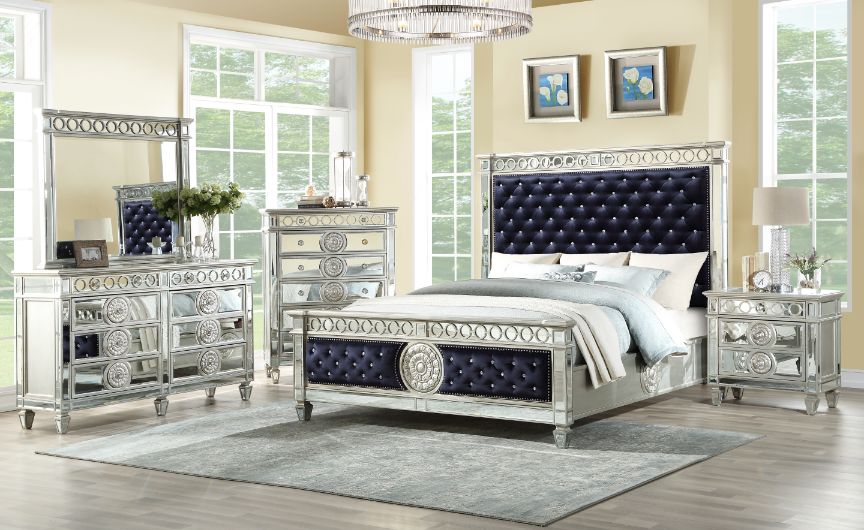 Varian Queen Bed in Dark Navy Velvet & Mirrored
