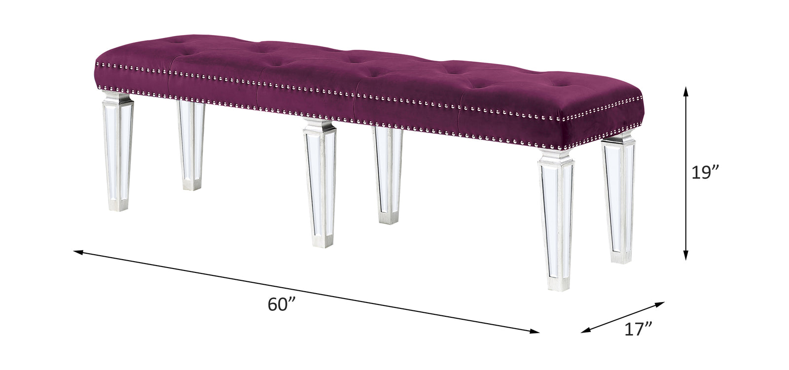 Varian Bench in Burgundy Velvet & Mirrored - line drawing