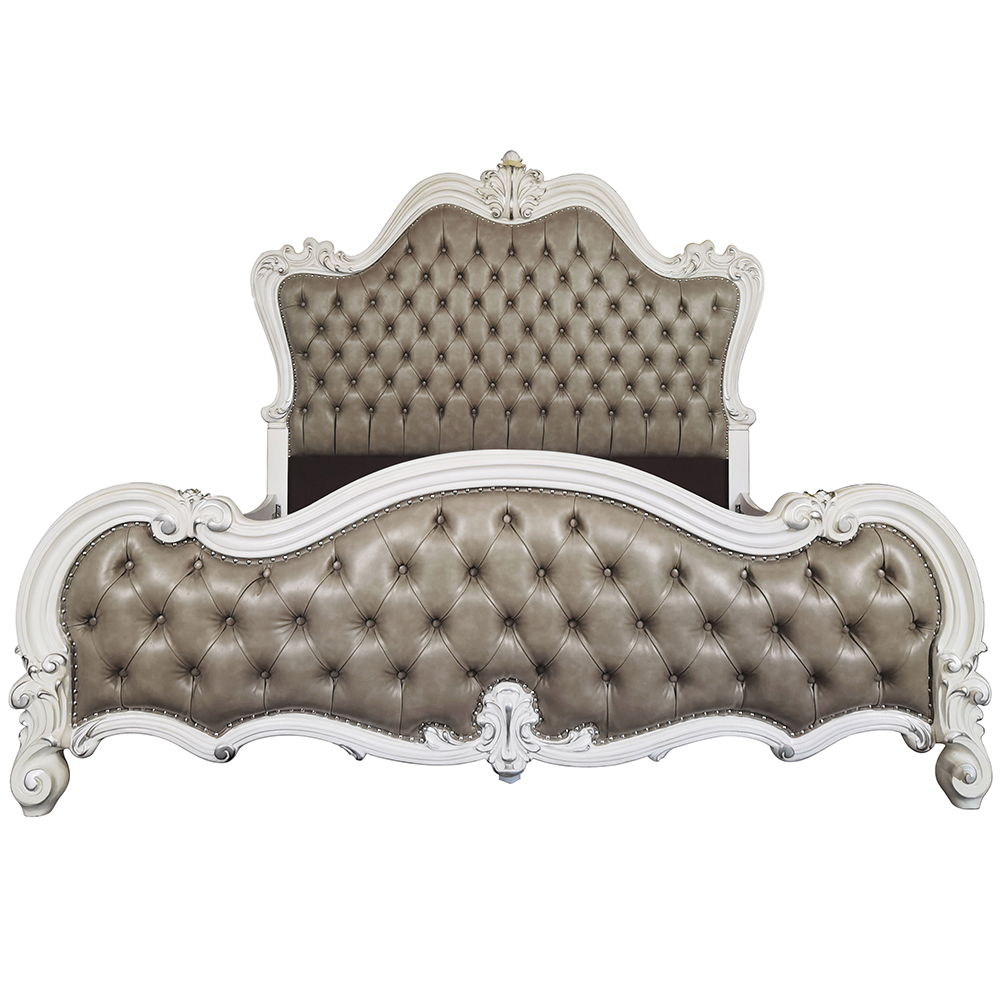 Versailles II - Eastern King Bed - Vintage Gray Synthetic Leather & Bone White